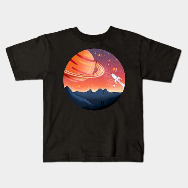 Rocket ship exploring space Kids T-Shirt by InkyArt